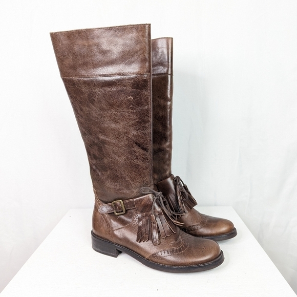 Coconuts by Matisse Leather Brogue Kiltie  Brown Riding Boots - Picture 1 of 9
